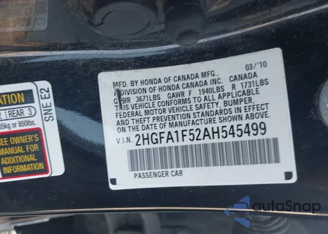 2010 Honda Civic Lx z USA, uszkodzony, nr VIN 2HGFA1F52AH545499